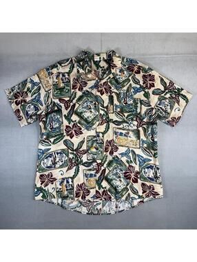 Vintage 90s Angelica Hawaiian Shirt Mens XL Beige Floral Camp Collar Made In USA